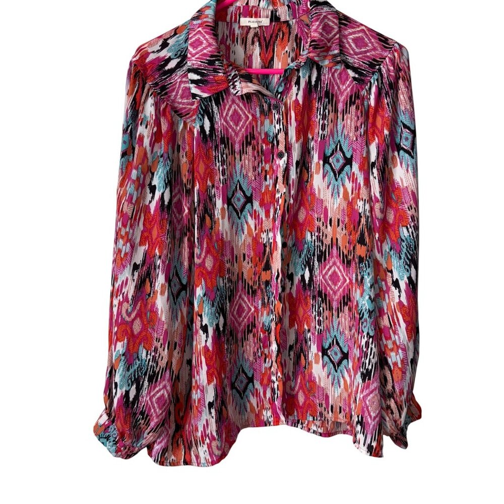 Pleione Womens Long Sleeve Collared Blouse Size L Multicolor Geometric Print